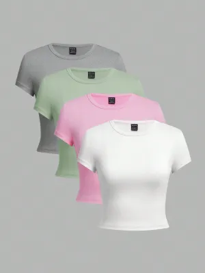 4pcs Casual Round Neck Slim Short Sleeve Women's T-Shirt, Suitable For Summer