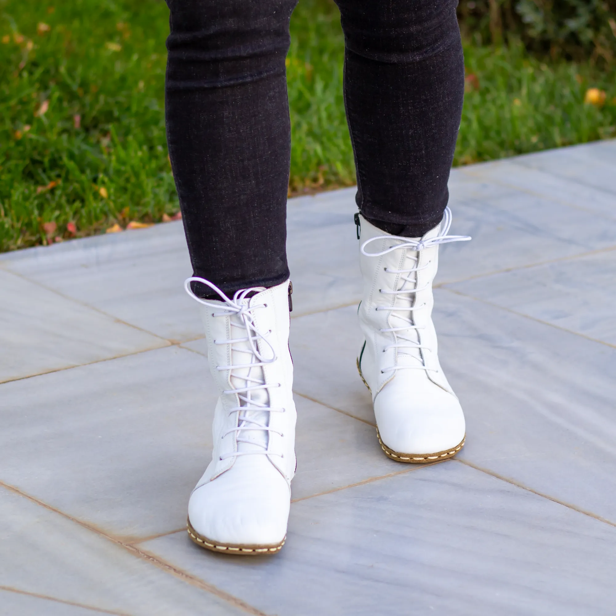 Barefoot Leather Lace-up White Boots for Women