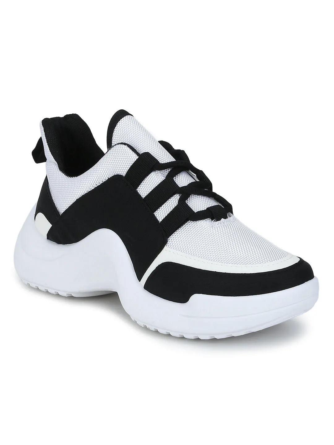 Black-White Cleated Bottom Lace-Up Sneakers