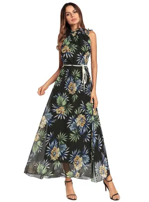 Boho Halter Floral Print Off Shoulder With Belt Casual Maxi Dresses