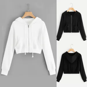 Bonnyshow Casual White Crop Top Jacket Women Casual Solid Long Sleeve Zipper Pocket Shirt Hooded Sweatshirt Tops Hoodies Female Ropa Mujer