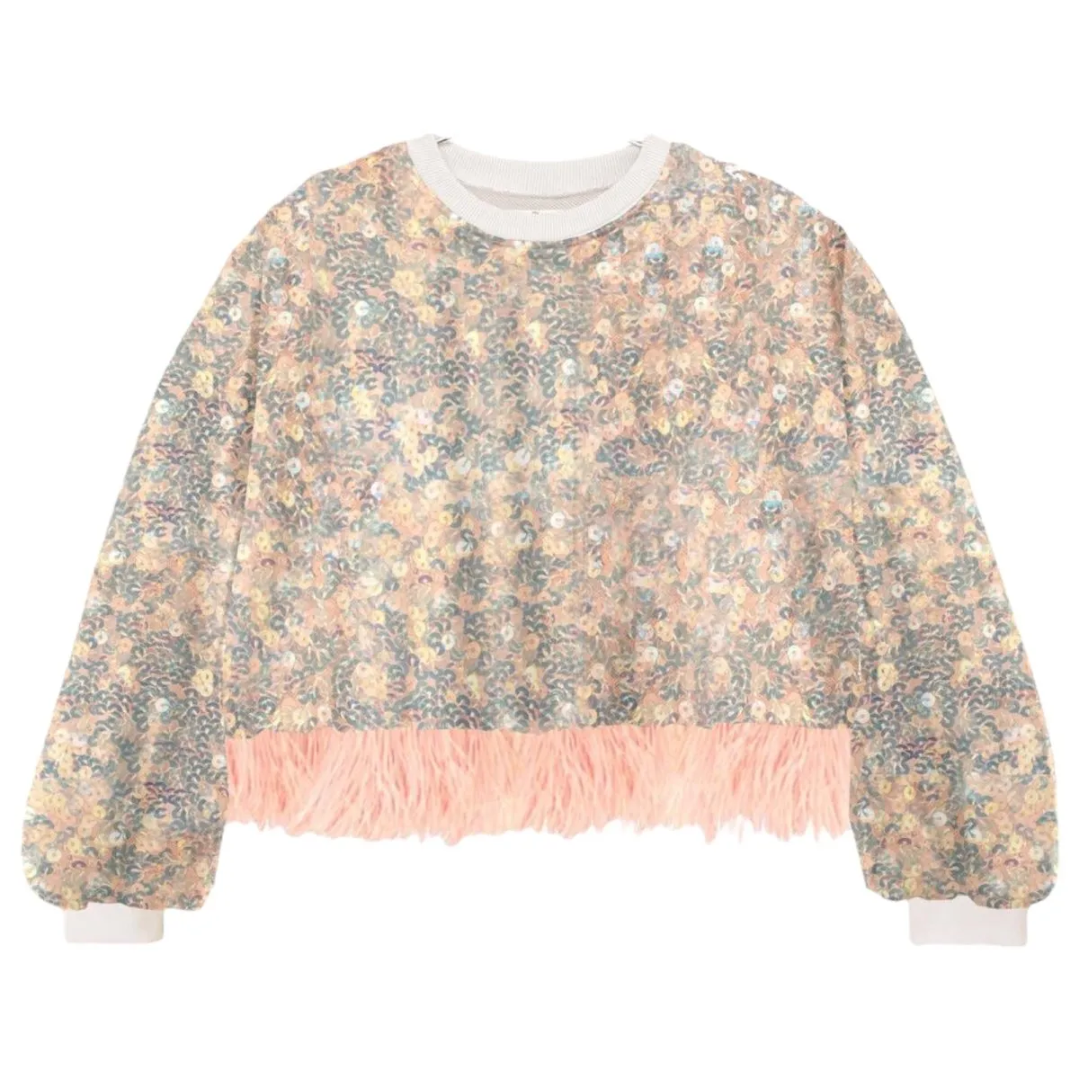 EMBELLISHED SEQUIN SWEATSHIRT W/ FEATHERS