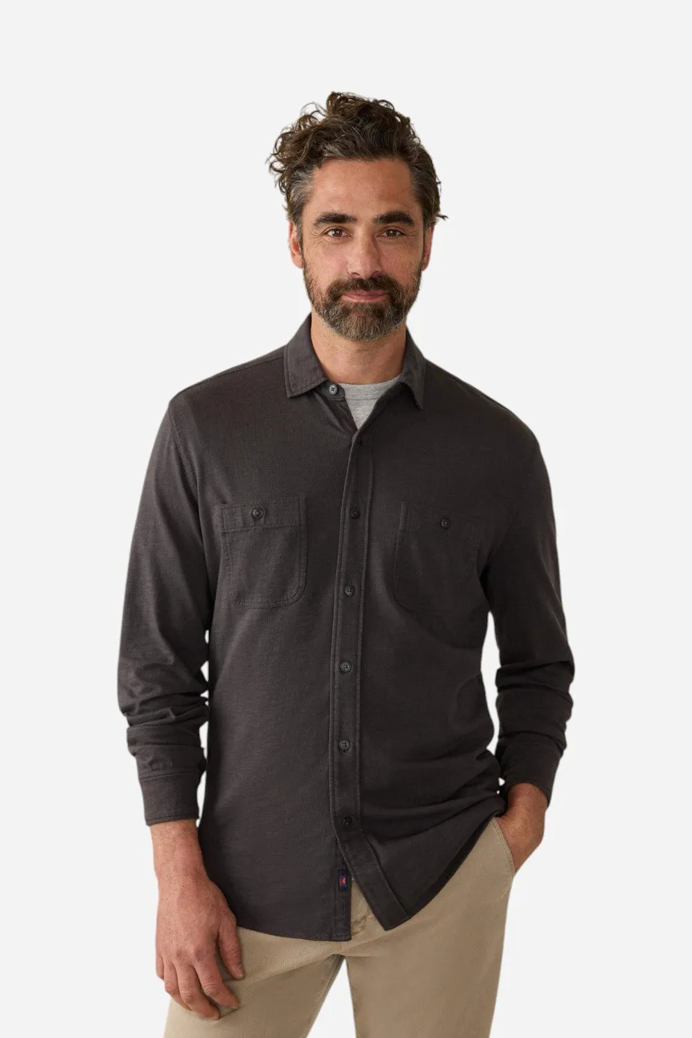 Faherty Sunwashed Double Pocket Knit Shirt in Washed Black