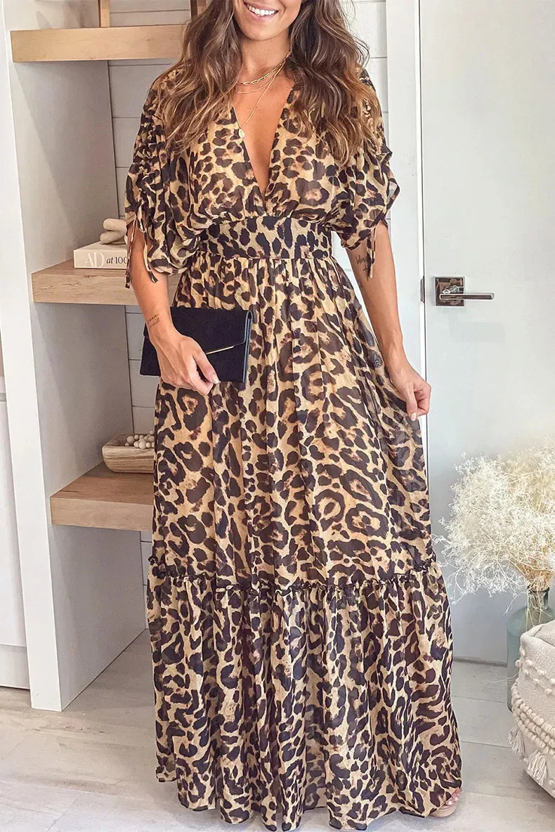 FashionSierra-Casual  Short Sleeve  Ruffles  Women  Vintage  Deep V  Leopard  Summer  2024  High Waist  Loose  Vestidos  Boho Dress