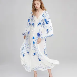 FashionSierra-Maxi  2024  Vintage  White Cotton  Floral Embroidery  Sexy  V-neck  Brand Boho Dress