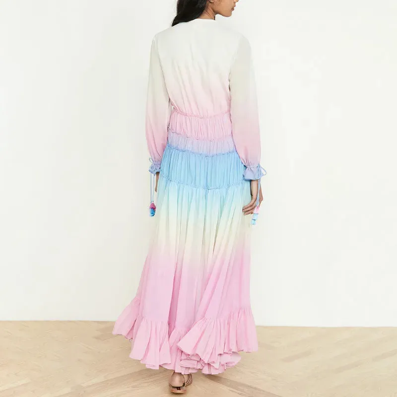 FashionSierra-Rainbow Irregular Chiffon Women Vintage Deep V-neck Long Sleeve Tiered Ruffle Autumn Beach Vestidos Boho Dress