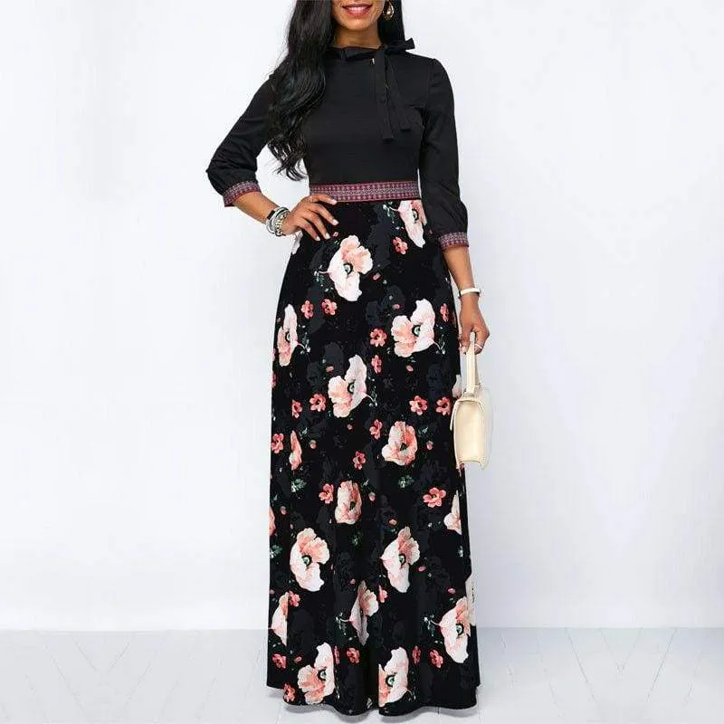 FashionSierra - Women Long Maxi Dresses Boho Floral Hollow Neck Three Quarter Sleeve Ethnic Summer Beach Female Stylish Style Dress