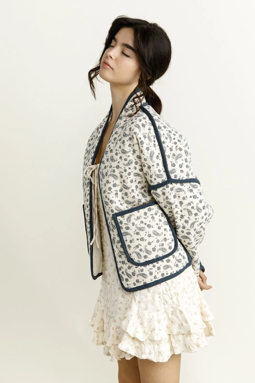 Floral Quilted Pockets Jacket White Blue