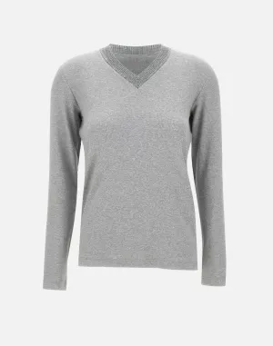 Grey Ribbed V-Neck Sweater with Sequins