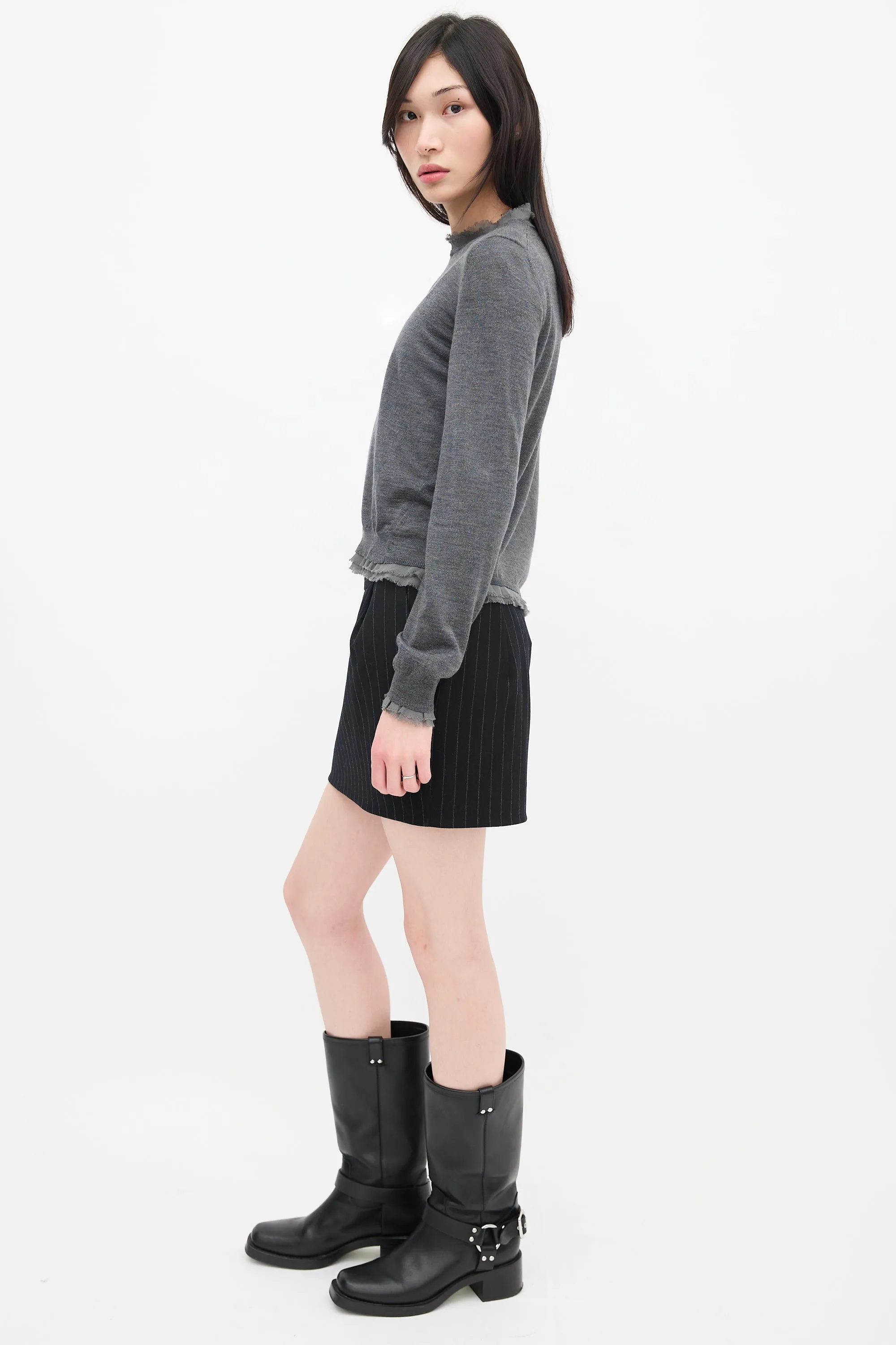 Grey Wool Knit Raw Hem Sweater