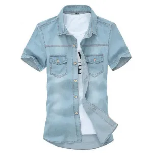 Hot Sale Men's Fashion Solid Short-sleeved Shirt Male Casual Comforatble Korean Style Turn-down Collar Denim Short