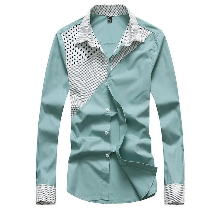 Hot Sale Men's Fashion Splicing Turn-down Collar Shirt Male Casual Full-sleeved Shirt