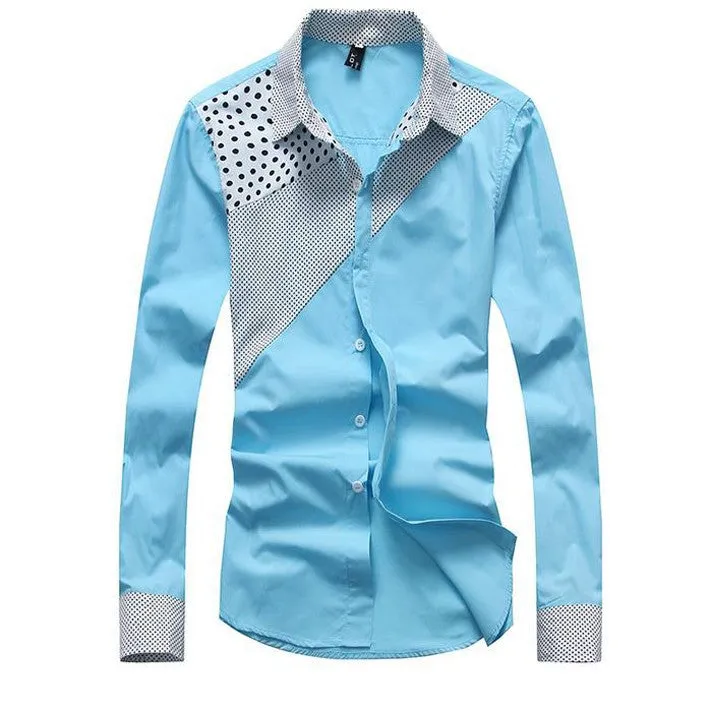 Hot Sale Men's Fashion Splicing Turn-down Collar Shirt Male Casual Full-sleeved Shirt