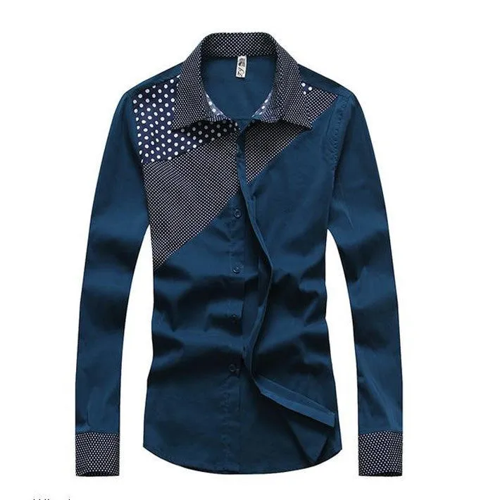 Hot Sale Men's Fashion Splicing Turn-down Collar Shirt Male Casual Full-sleeved Shirt