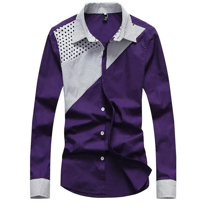 Hot Sale Men's Fashion Splicing Turn-down Collar Shirt Male Casual Full-sleeved Shirt