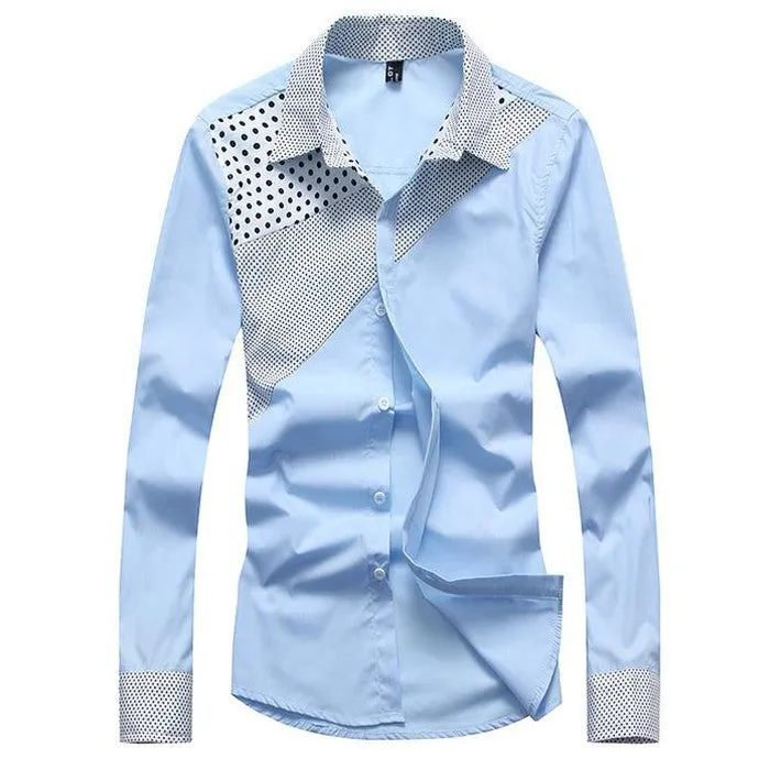 Hot Sale Men's Fashion Splicing Turn-down Collar Shirt Male Casual Full-sleeved Shirt