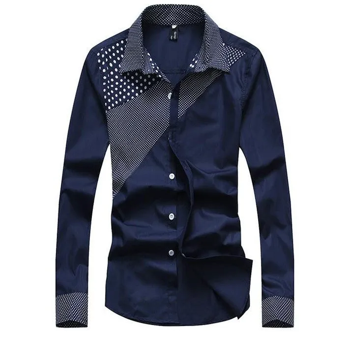 Hot Sale Men's Fashion Splicing Turn-down Collar Shirt Male Casual Full-sleeved Shirt