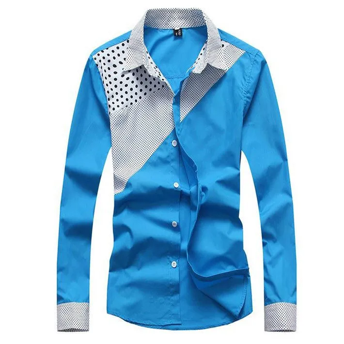 Hot Sale Men's Fashion Splicing Turn-down Collar Shirt Male Casual Full-sleeved Shirt