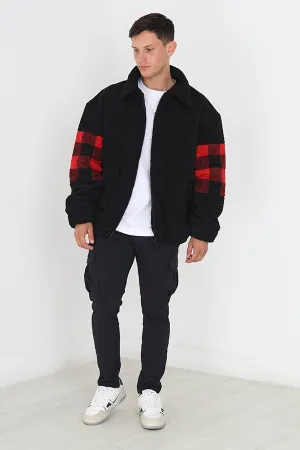 JET BLACK/RED CHECK ZIP THROUGH BORG SWEATSHIRT