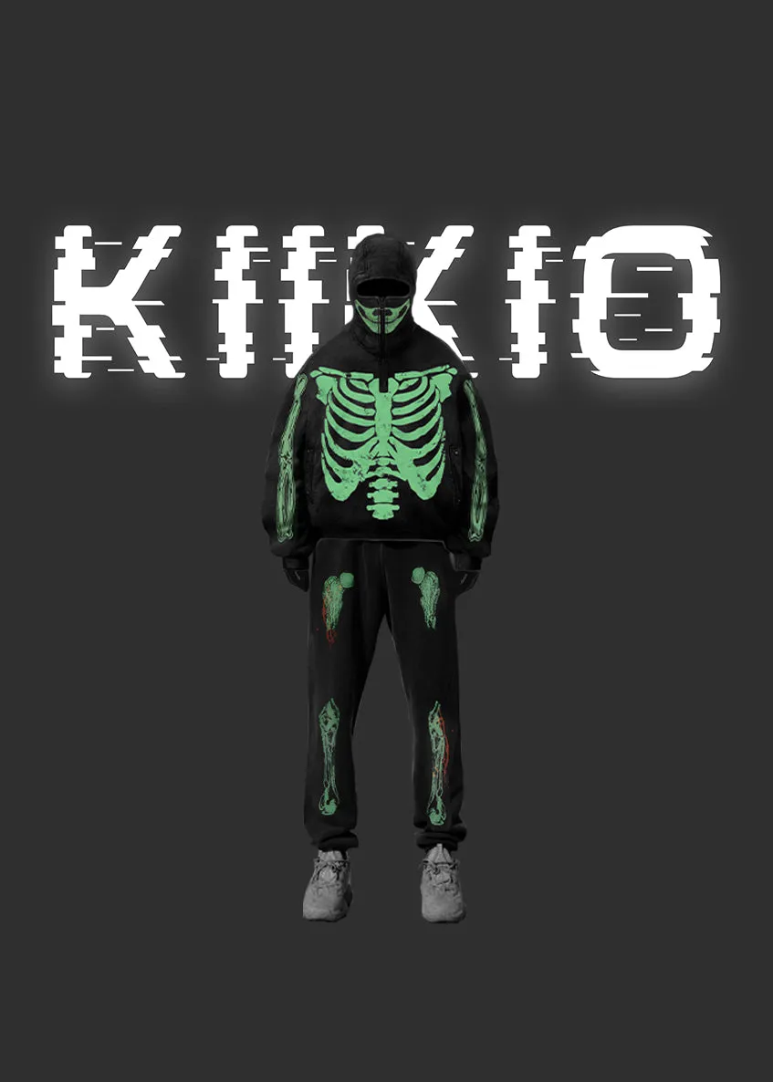 KIIKIO Hoodies For Man  | Nighttime Fluorescent Print Skull Spine Costume