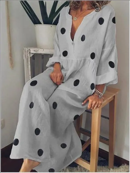 Linen V Neck Dot Print Long Sleeves Dresses