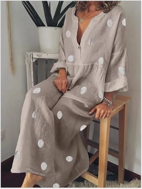 Linen V Neck Dot Print Long Sleeves Dresses