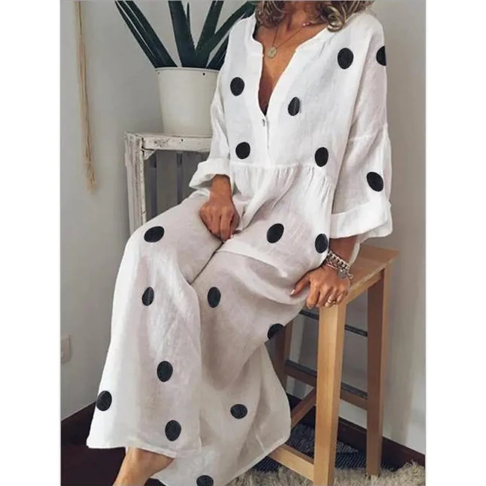 Linen V Neck Dot Print Long Sleeves Dresses