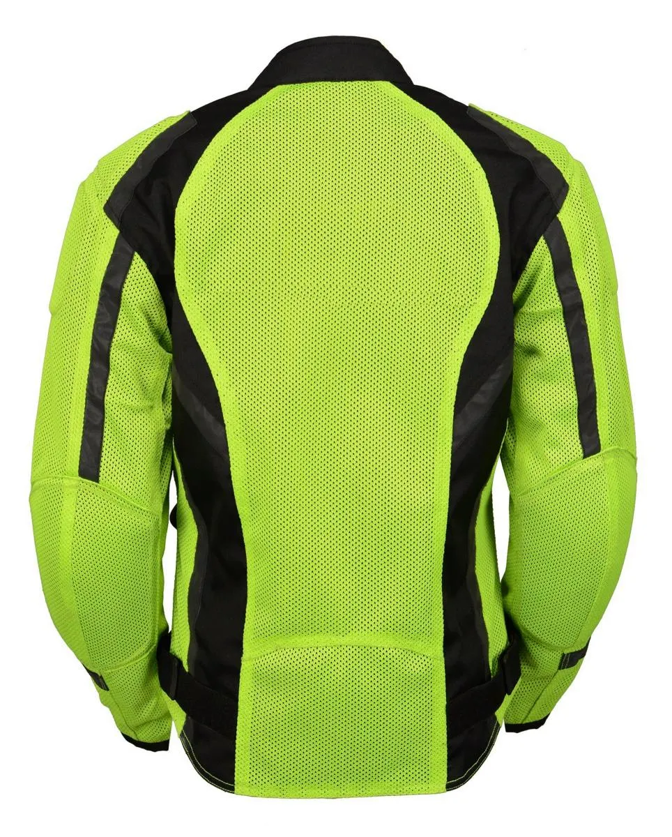 M Boss Motorcycle Apparel BOS22705 Wome'ns Hi-Vis Green Motorcycle Mesh Racer Jacket with Open Neck