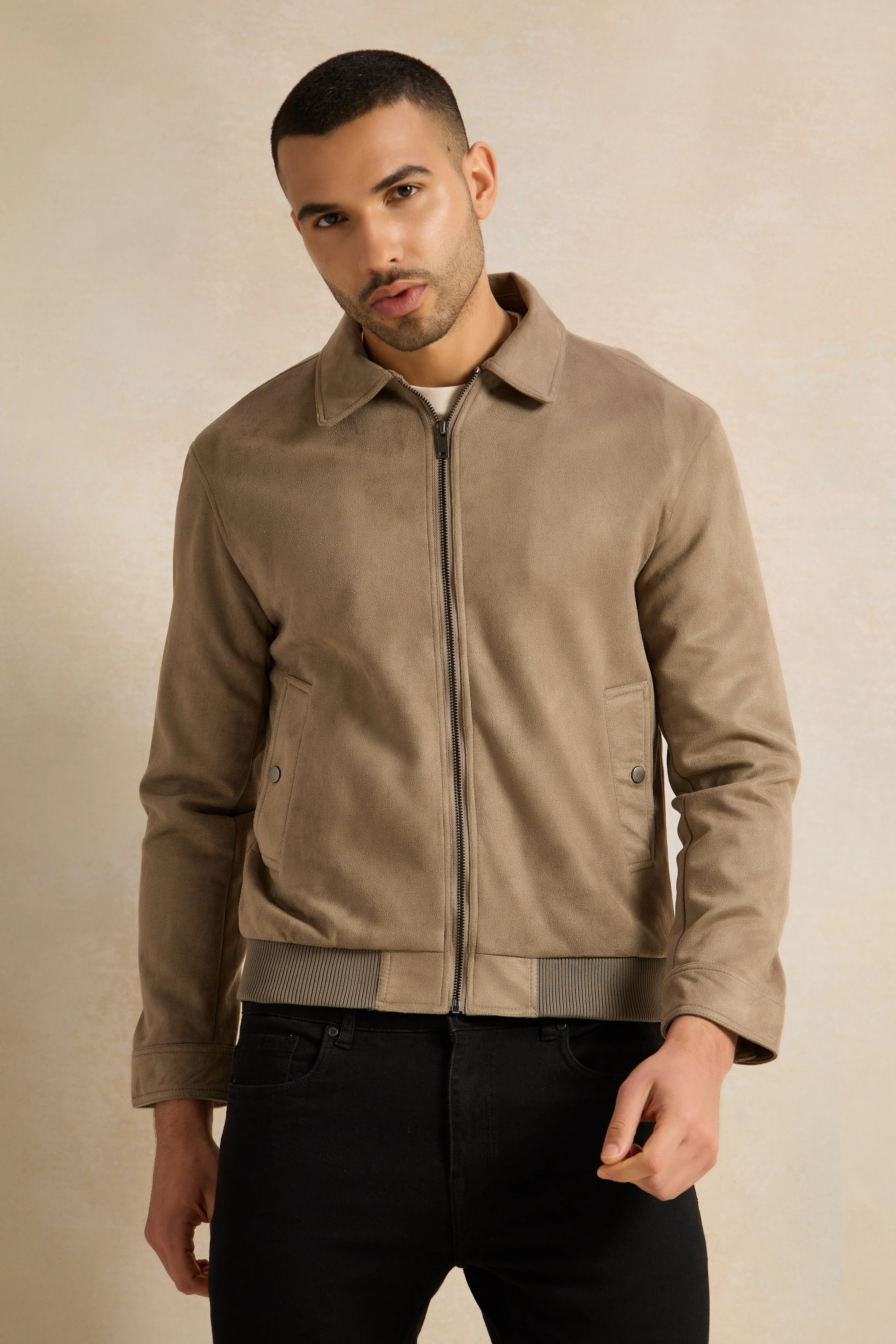 Men Beige Suede Aviator Jacket