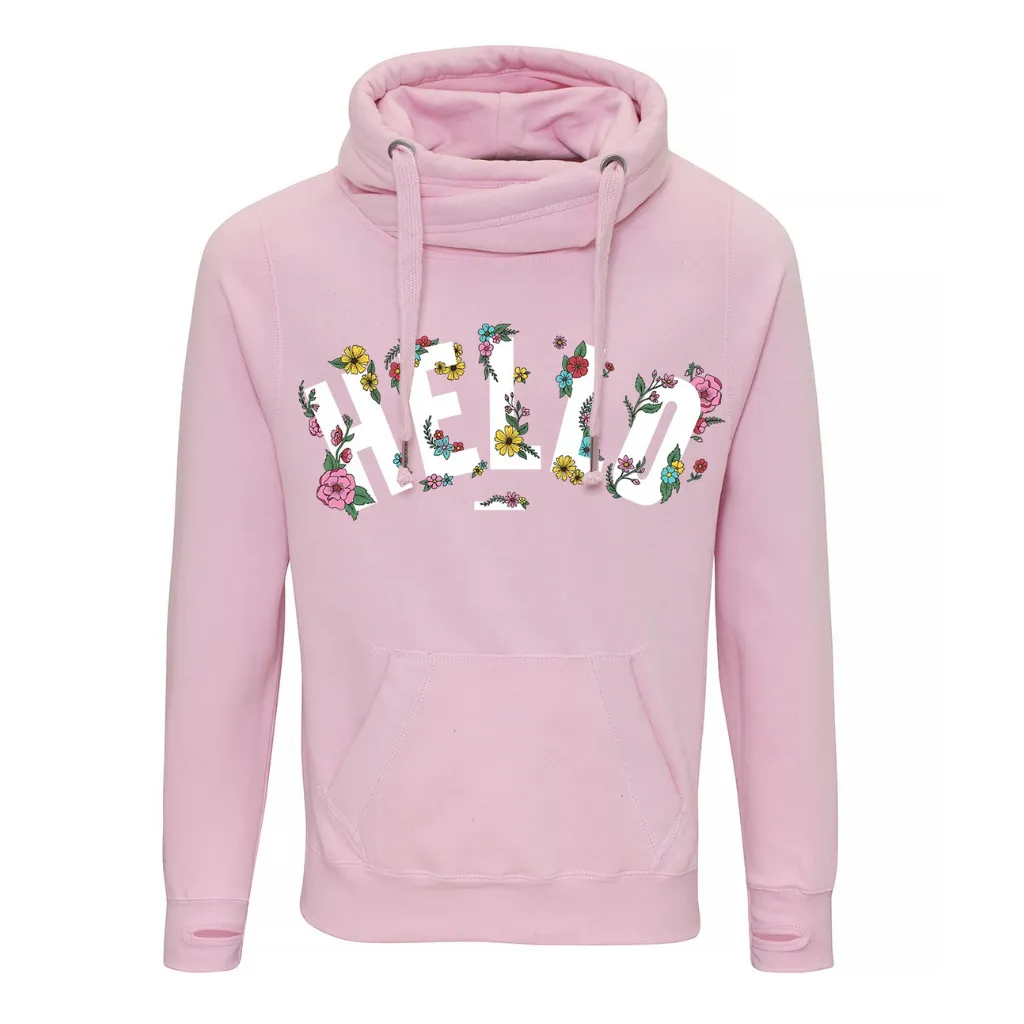 Pink Floral Hello Cowl Neck Hoodie