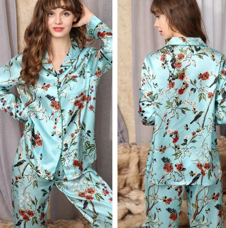 Quality Flower Print Silk Pajamas For Women Long Sleeved Luxury Mulberry Silk Pajama Set