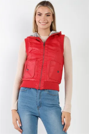 Red Faux Leather Faux Fur Detail Zip-UP Hooded Vest /2-2-2