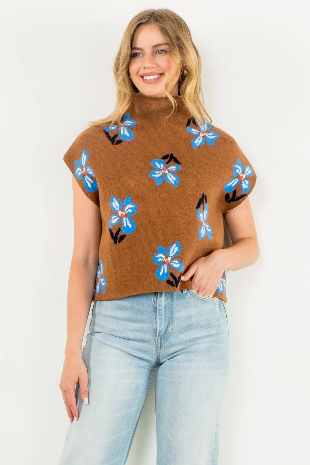 Stylish Brown Sweater w/ Blue Floral Details