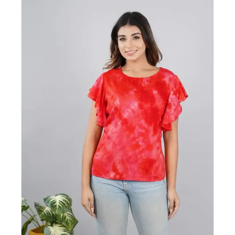 Stylish Rayon Printed Round Neck Flared Sleeves Top For Women