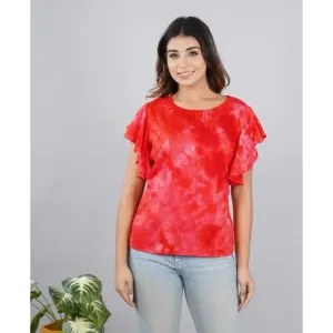 Stylish Rayon Printed Round Neck Flared Sleeves Top For Women