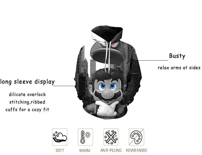 Super Mario Bros Printed Hoodie Pullover Autumn hip-hop Coat Sweatshirt Jumper | w17747