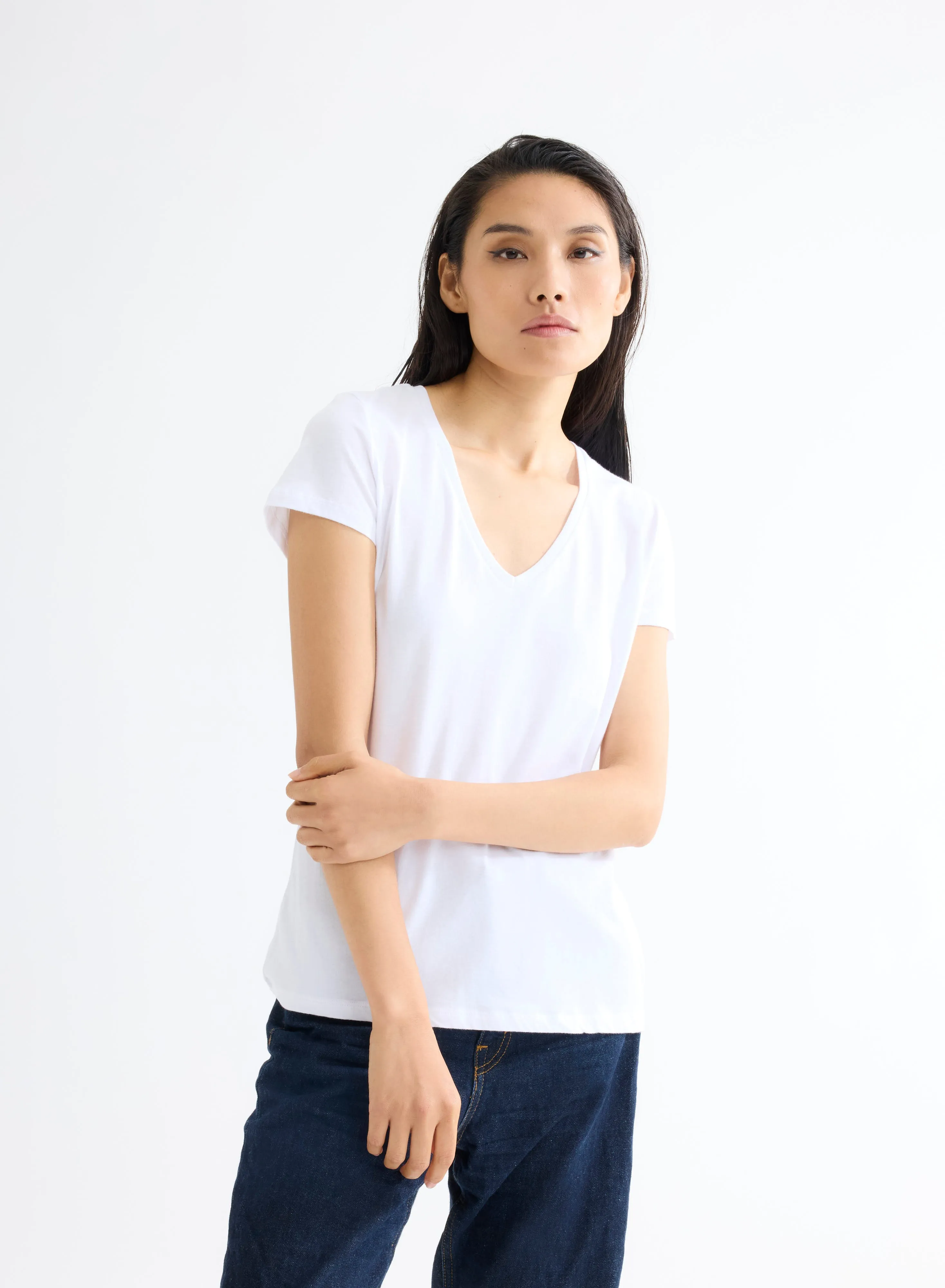 T-shirt Blanc Julia col V Manches Courtes en Deluxe Coton