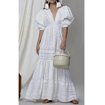 White Short Sleeves Puff Sleeves Long Dresses