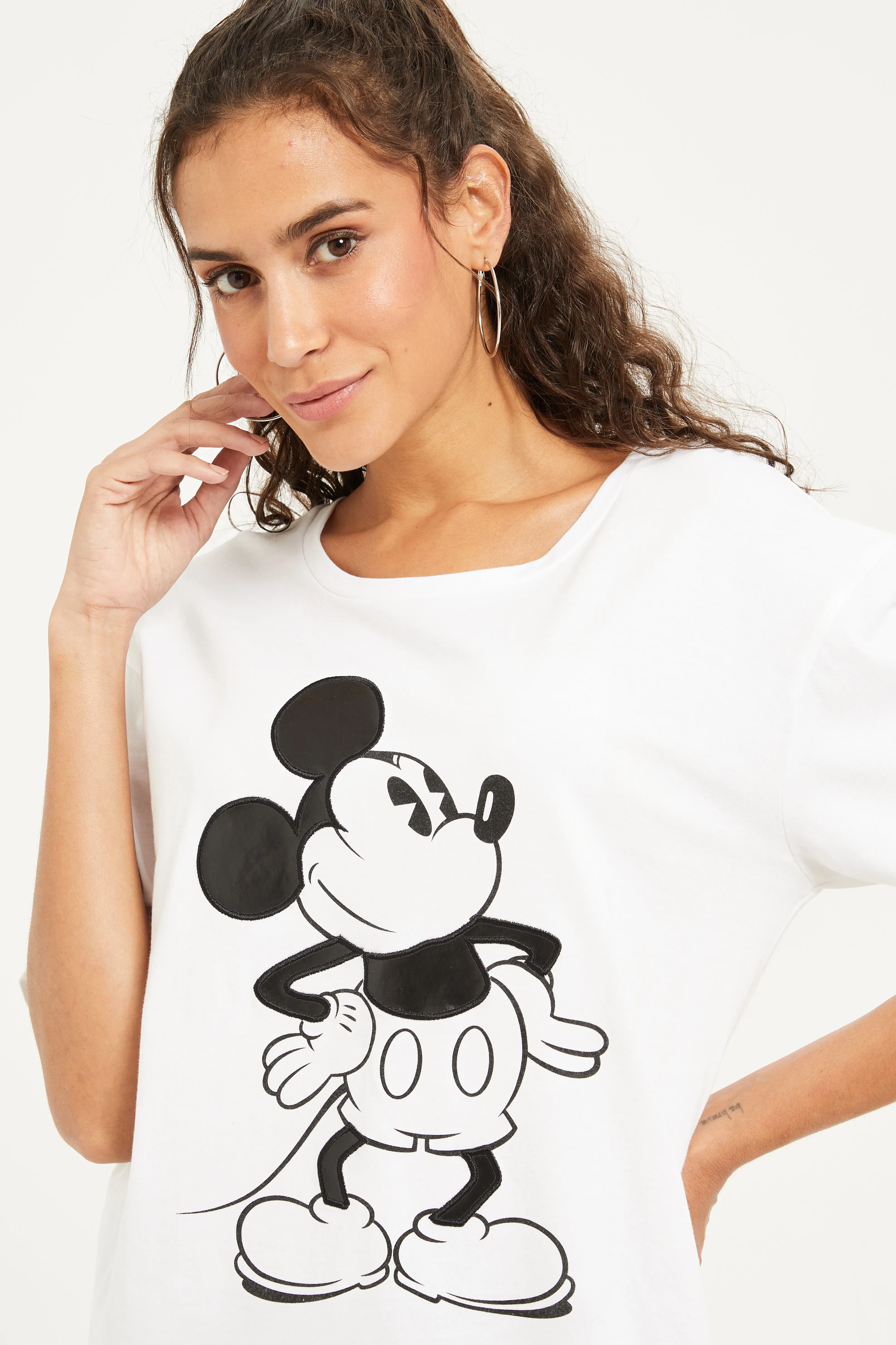 Women White Mickey Mouse Embellished T-Shirt