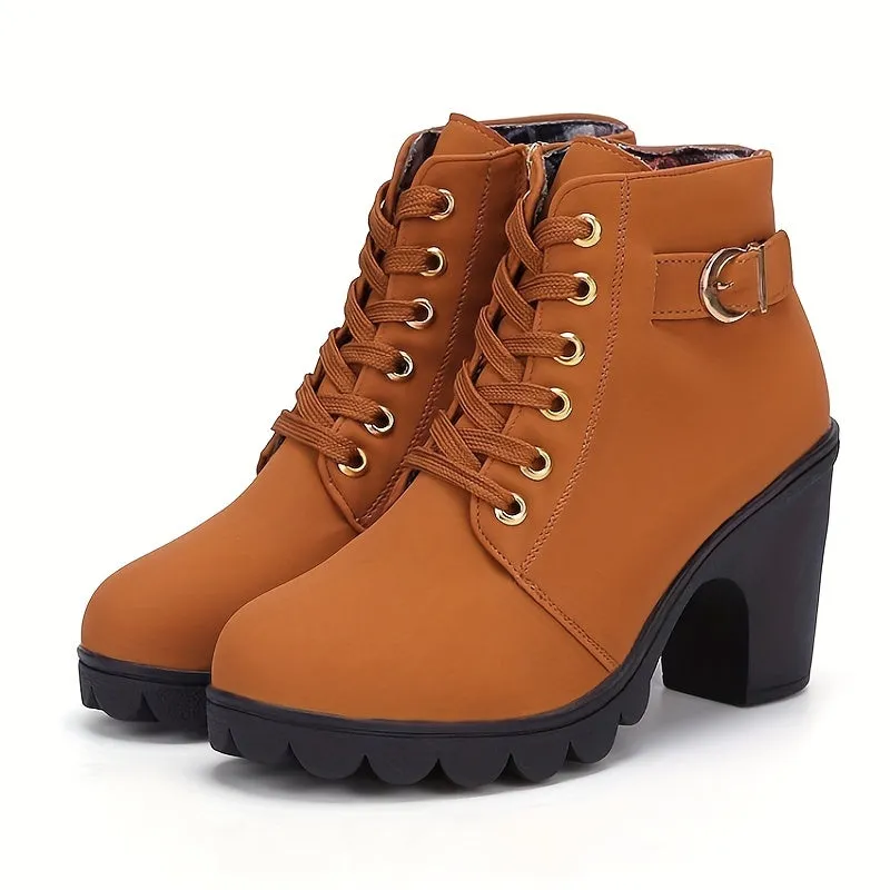 Women's Block Heeled Short Boots, Casual Lace Up Side Zipper Boots, Comfortable Ankle Boots