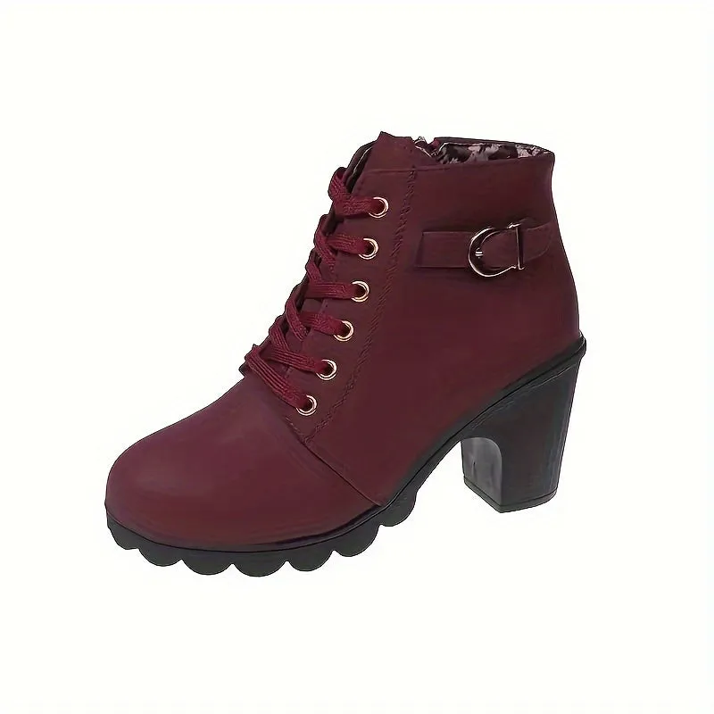 Women's Block Heeled Short Boots, Casual Lace Up Side Zipper Boots, Comfortable Ankle Boots