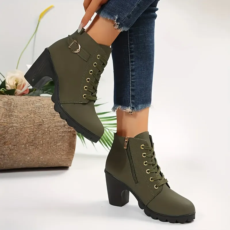 Women's Block Heeled Short Boots, Casual Lace Up Side Zipper Boots, Comfortable Ankle Boots