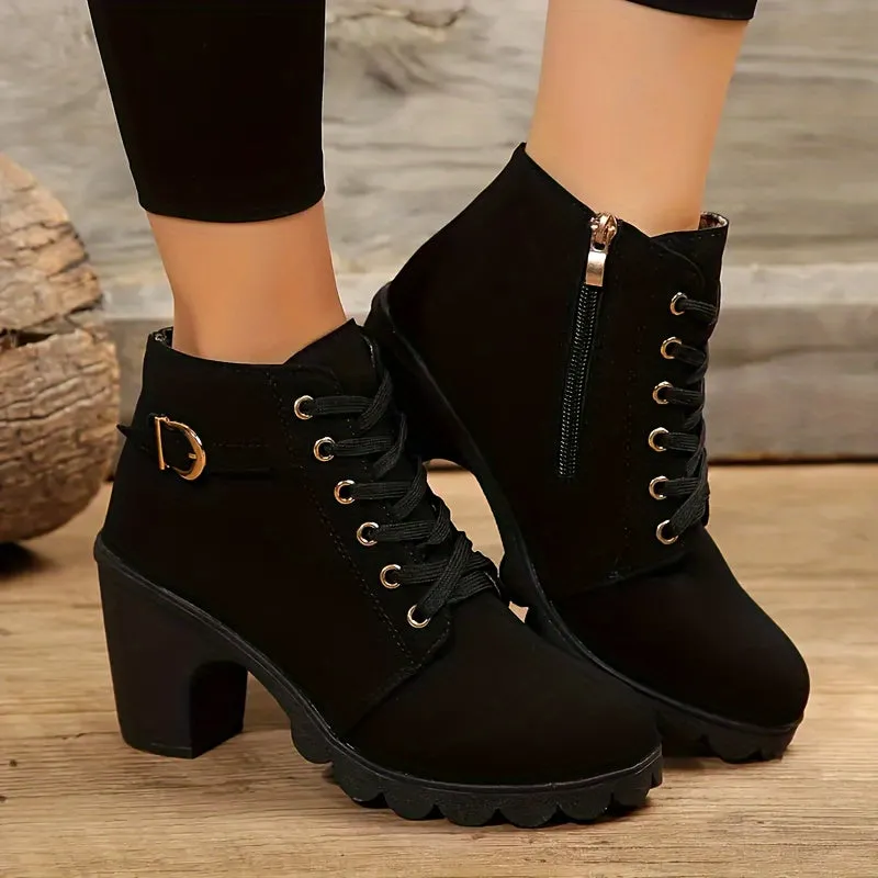 Women's Block Heeled Short Boots, Casual Lace Up Side Zipper Boots, Comfortable Ankle Boots