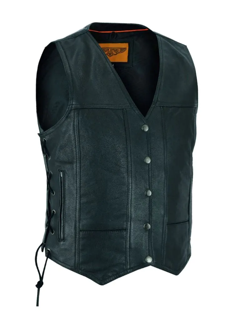 Womens Cowhide Leather Motorcycle 7 Pockets Vest with Conceal Carry Pockets Side Laces