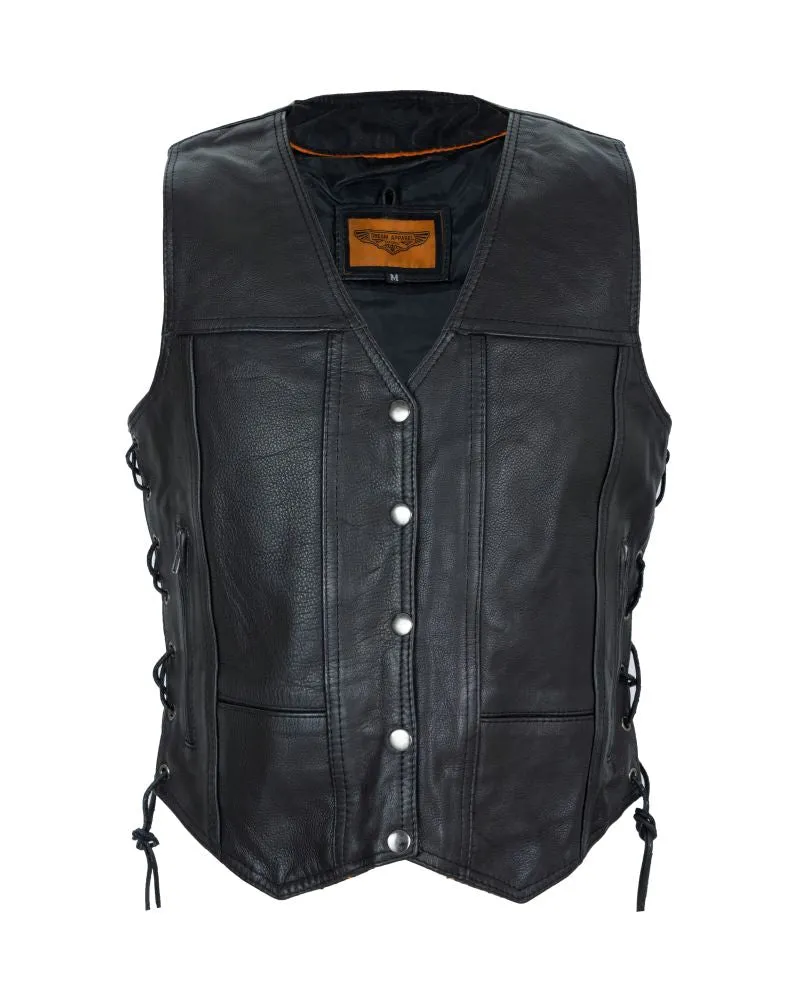 Womens Cowhide Leather Motorcycle 7 Pockets Vest with Conceal Carry Pockets Side Laces